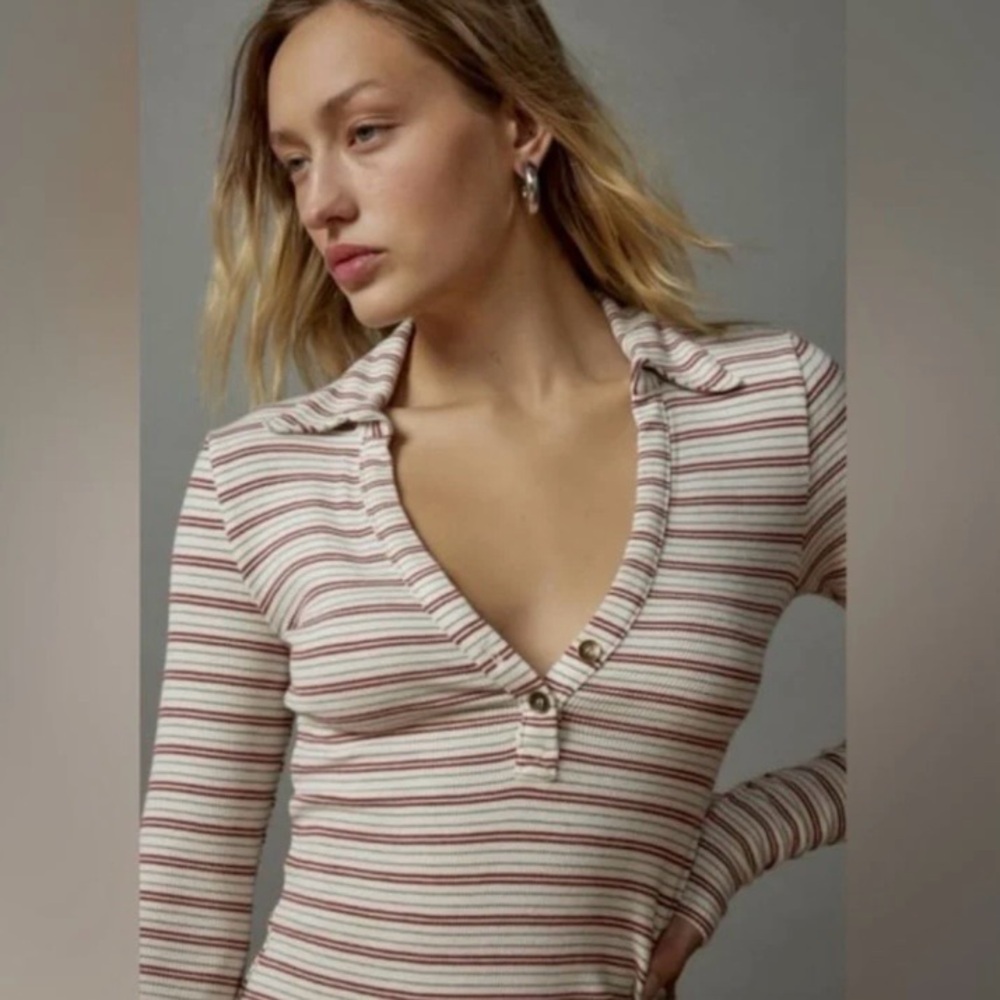 BDG Taylor Polo Top Ivory Red & Gray Striped Long Sleeve Shirt Size XL